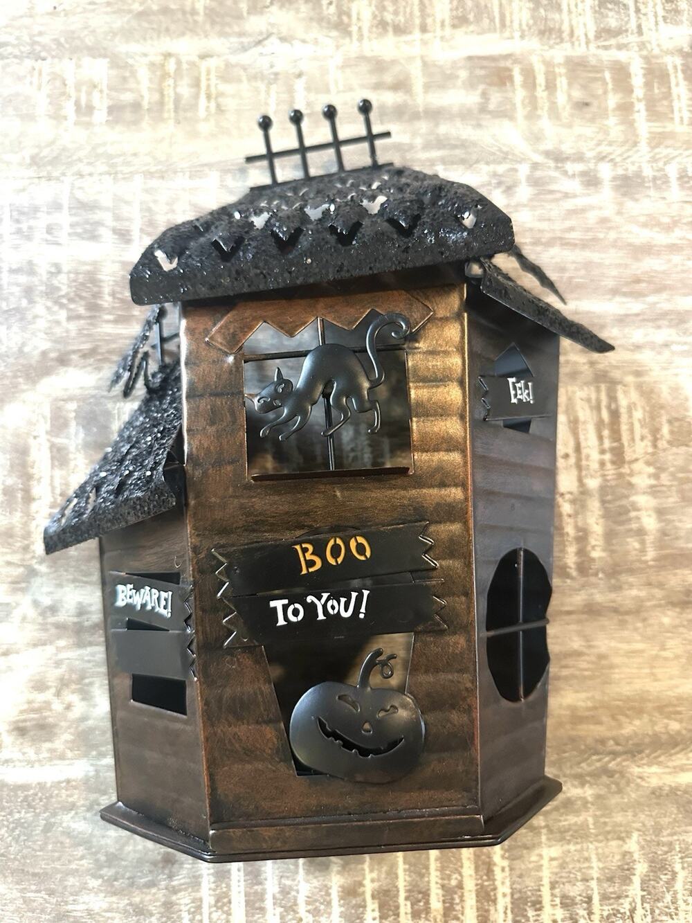 Rare Hallmark Metal Brass And Black Haunted House Tea Light Holder Halloween